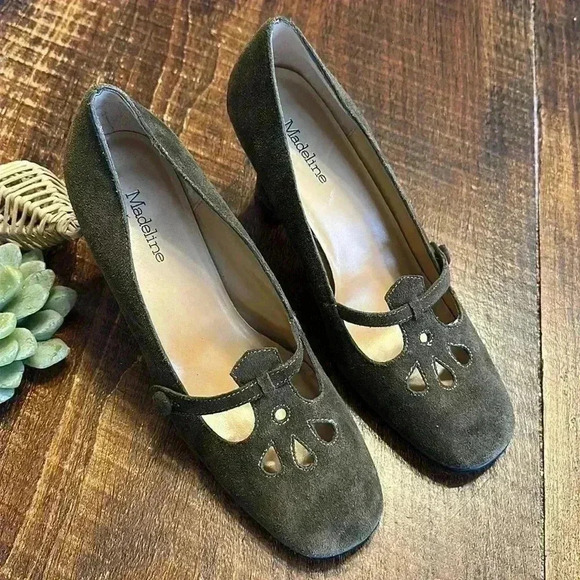 Madeline Shoes - Madeline | “KAI” Dark Olive Green Suede Mary Janes with Heel